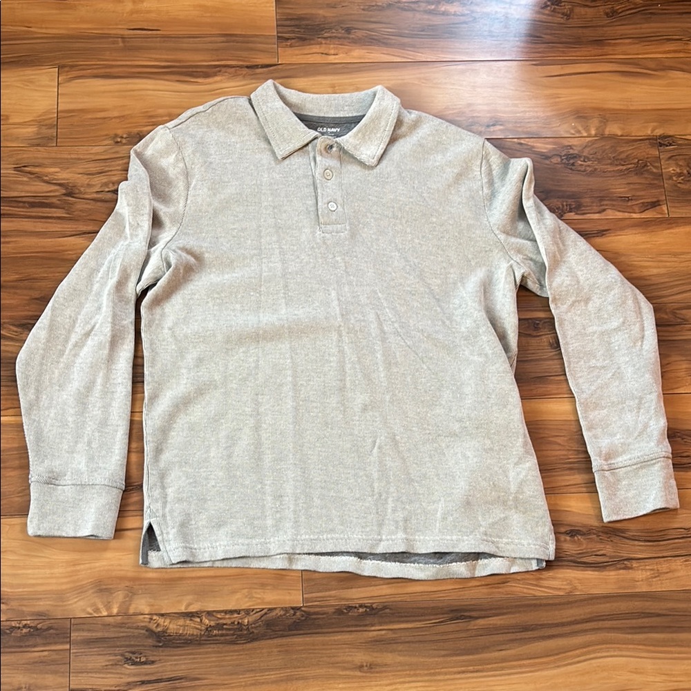 Old Navy Gray Long-Sleeve Polo Shirt with Ribbed Cuffs